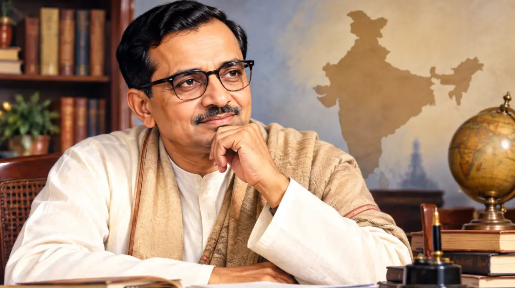 पंडित दीनदयाल उपाध्याय का एक विचारमग्न और सौम्य चित्र, जिसमें वे पारंपरिक भारतीय पोशाक और चश्मे में नज़र आ रहे हैं।